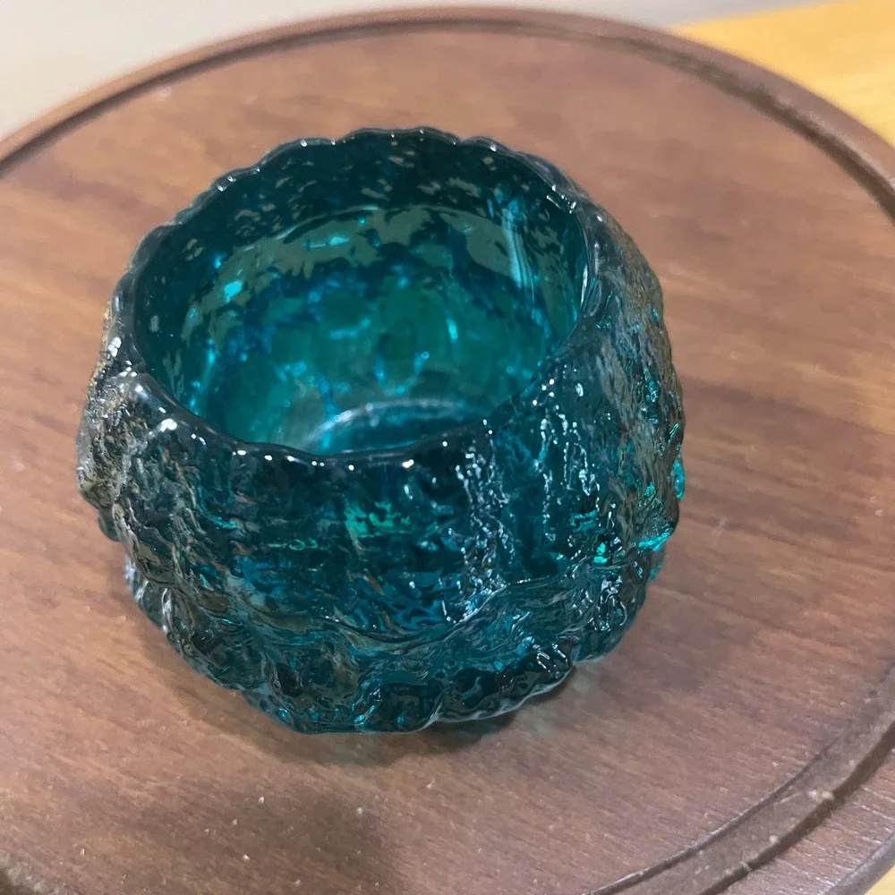 Vtg LE Smith Snowball Votive Teal Blue Textured Glass MCM Candle Holder 3